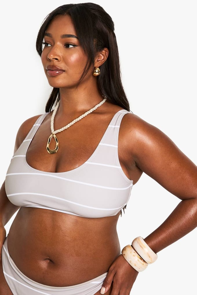 boohoo Dames Plus Badmode Essentials Streep Scoop Bikini Top | Steen | Maat: 54