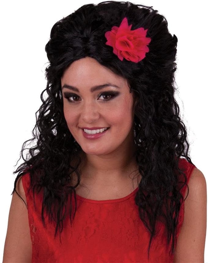 Pruik Amy Wine zwart met roos