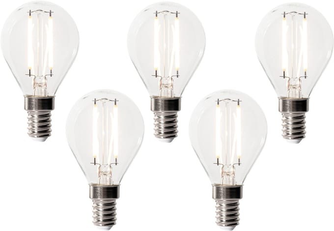 LUEDD Set van 5 E14 dimbare LED lampen P45 helder glas 3W 350 lm 3000K