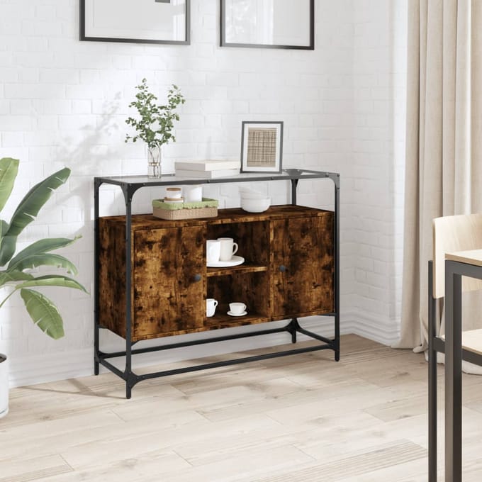 vidaXL - Dressoir - met - glazen - blad - 98x35x81 - cm - hout - gerookt - eikenkleurig
