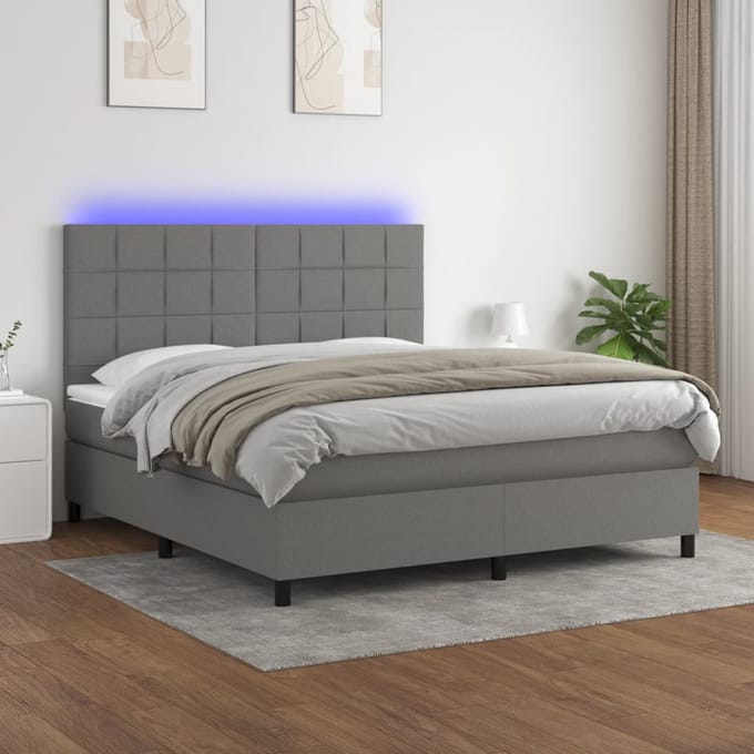 vidaXL - Boxspring - met - matras - en - LED - stof - donkergrijs - 180x200 - cm