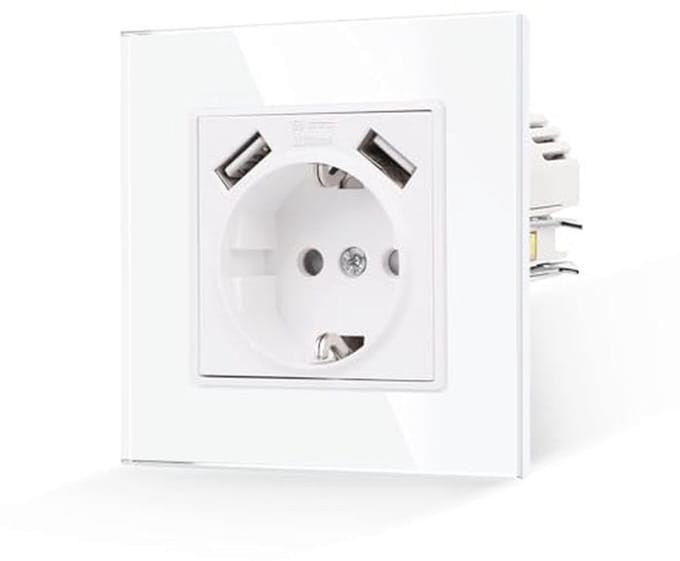 Enkel stopcontact met USB-aansluitingen en geharde glasplaat - 16A, 250V, Schuko, Geaard