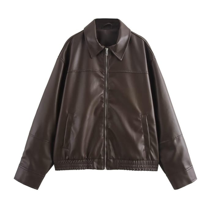 Dames Effen Kleur Lange Mouwen Imitatieleer Pilotjack M bruin
