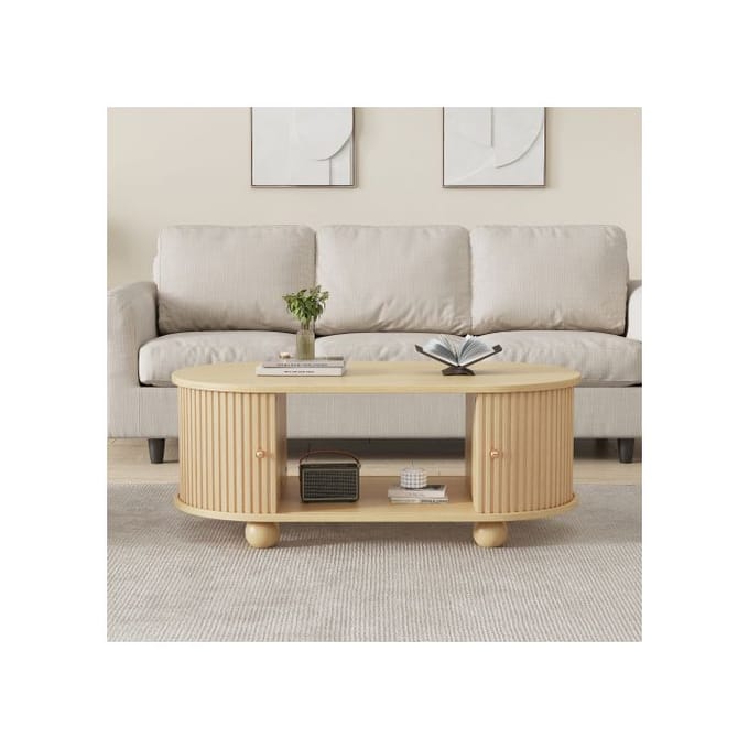 Table basse - MUVOE - Portes rayées - Ovale - Rangement modulable - Finition mate bois