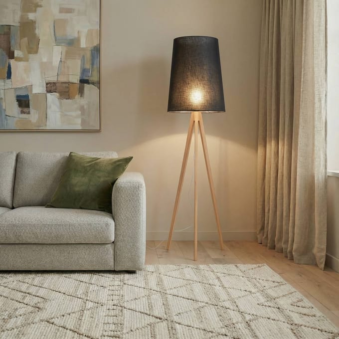 TK Lighting Vloerlamp Walz, zwart, hout, hoogte 175 cm, E27