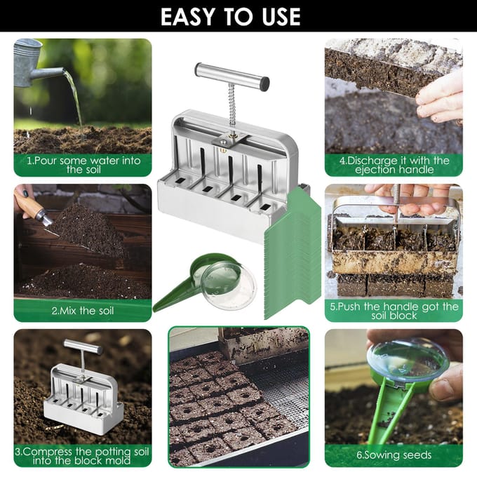 Bodemblokker Bodemblokmaker 2 inch 8-cellige bodemblokkeringstoolkit met 3 maten zaadpinnen Hole digger + seeder