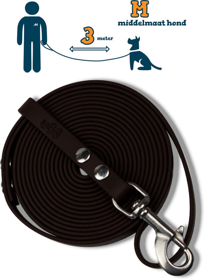 Miqdi hondenriem - BioThane® - bruin - 3 meter lang – 13mm breed – M – middelmaat hond