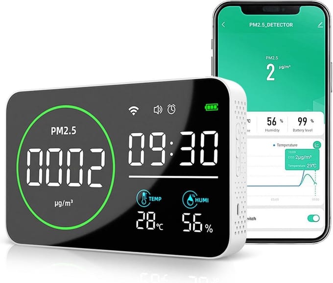 Luchtkwaliteitsmeter met App voor PM2.5, Temperatuur en Vochtigheid