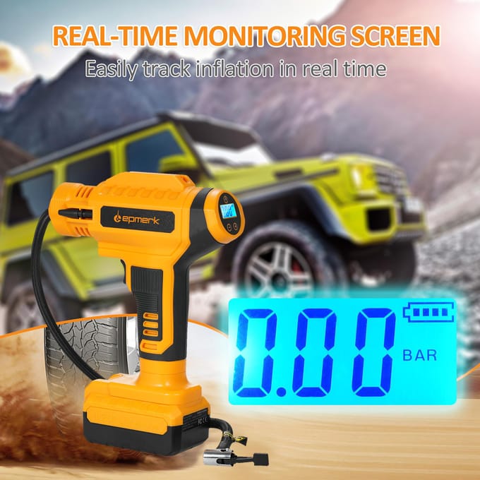 Compresseur d'air de gonfleur de pneu sans fil Lepmerk 20 V alimenté par batterie rechargeable 150 PSI portable jaune