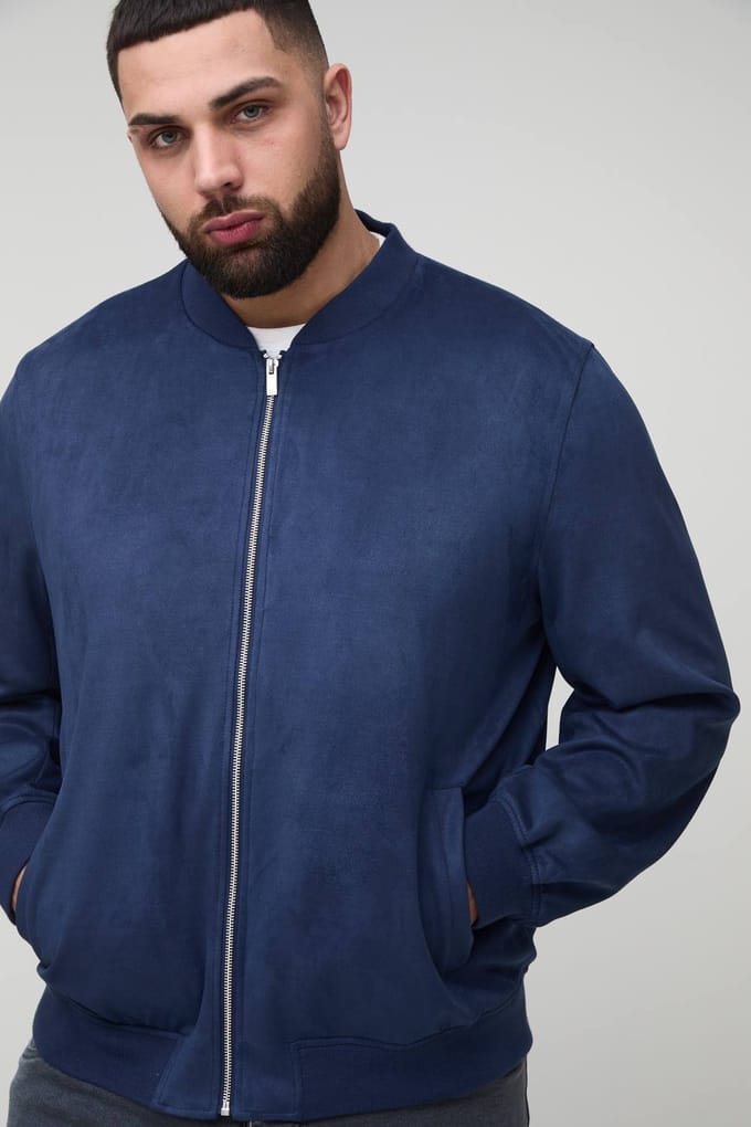 Plus Faux Suede Regular Fit Bomber Jacket | Navy | Size 2XL