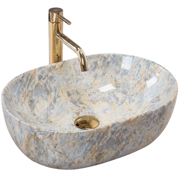 Rea Amelia Rustrstone 48 Keramiek Ovaal - Wastafel - Imitatiesteen - 48 X 34,5 X 13,5 Cm