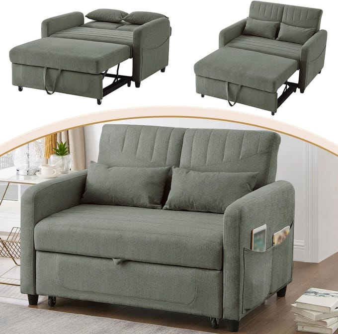 2-Zits Slaapbank - Uitschuifbare Sofa Bed Met Verstelbare Rugleuning - Legergroen