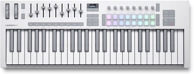 Novation Launchkey 49 MK4 - MIDI Keyboard Controller - 49 Semi-Gewogen Toetsen - 4 Octaven - 16 FSR Drumpad - 9 Faders - 8 Encoders - OLED Display - USB-C - 5-Pins MIDI - Wit