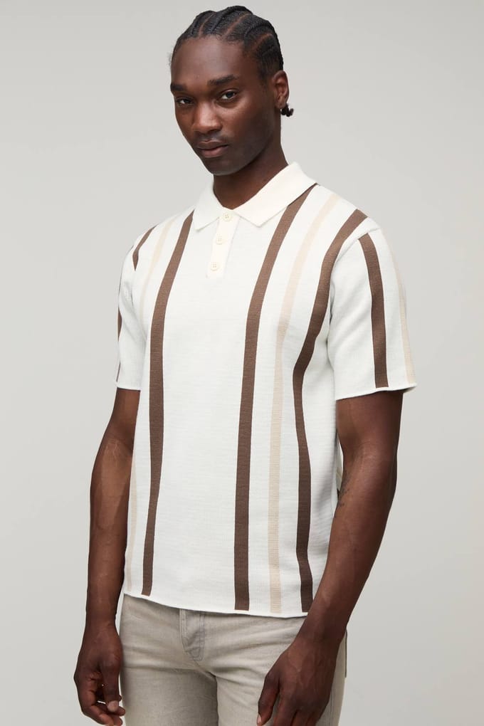 Tall Regular Fit Striped Knitted Polo T-Shirt | Ecru | Size Small