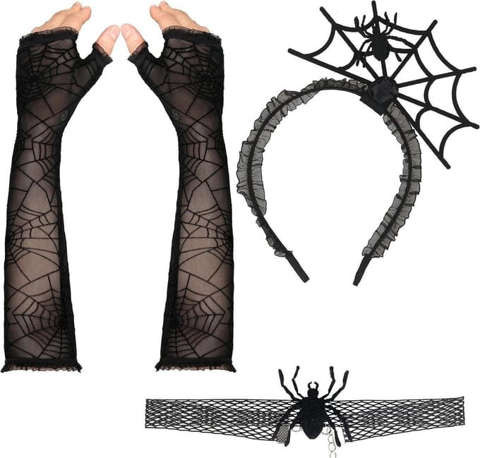 Halloween Spinnen Set - Spinnen Accessoires - Feest Outfit - Kant & Spinnenweb Design - 3 Stuks - Zwart
