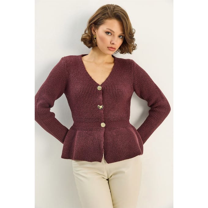 Geribde Lange Mouwen V-Hals Cardigan met Knopen