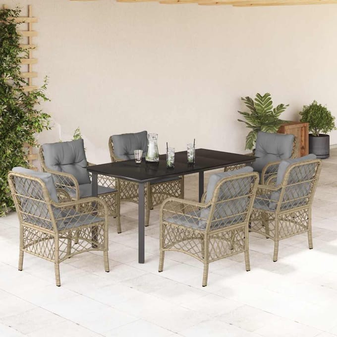 vidaXL - 7-delige - Tuinset - met - kussens - poly - rattan - gemengd - beige