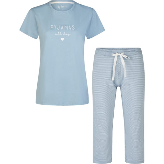 By Louise Dames Capri Pyjama Set Driekwart Broek Blauw Gestreept - Maat S