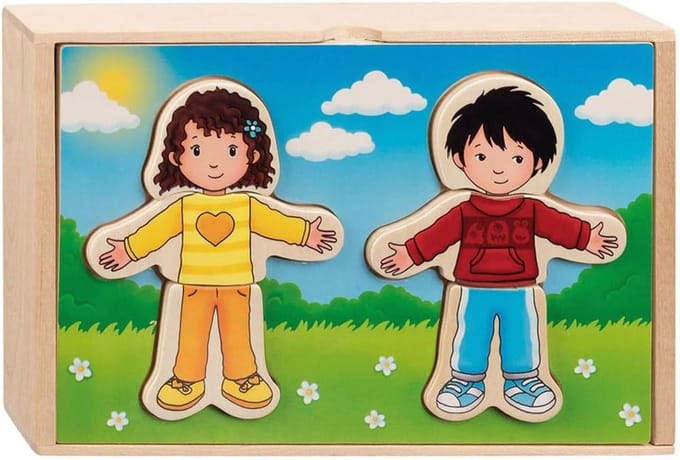 Houten Aankleedpuzzel met Jongen en Meisje in Kist
