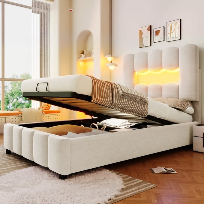 MODFU Bedframe 90x200 cm – Beige velvet met verstelbaar hoofdbord & LED – Hydraulisch