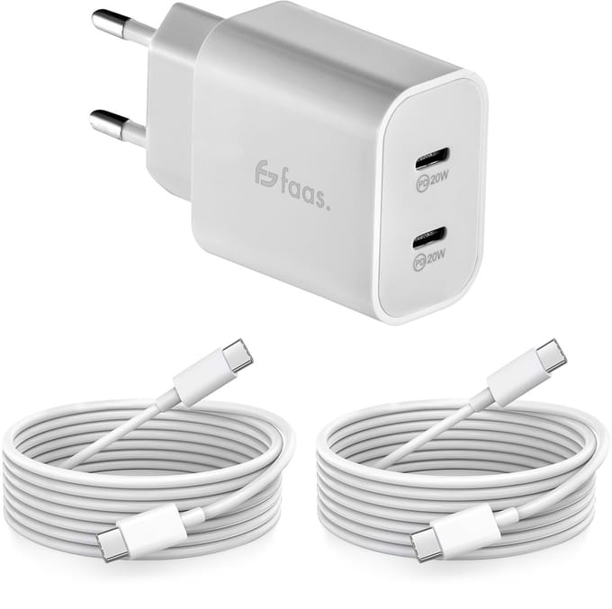 Faas USB C Oplader - Snellader - 40W - 2x 20W Poort - 2 kabels - 1.5 meter - USB C Kabel - USB C naar USB C - Wit