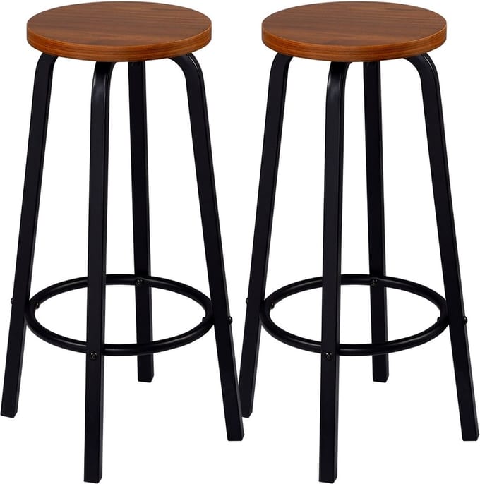 Industriële Barkruk - Barkrukken Set van 2 Stuks - Zithoogte 72 cm - Hout, Metaal, Bruin, 30 x 32 cm