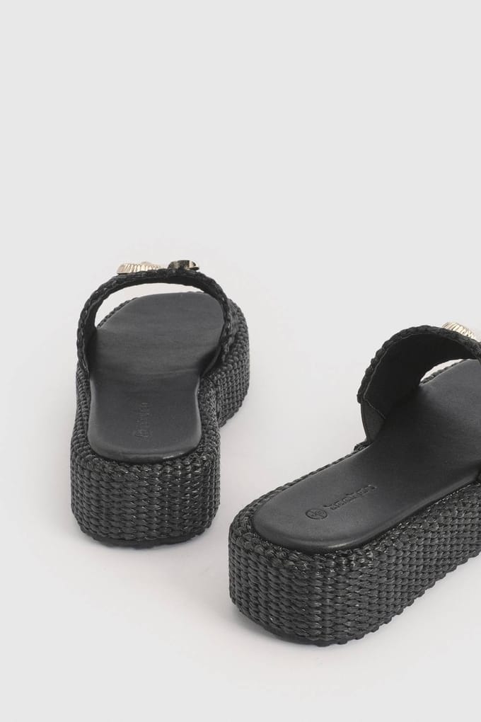 boohoo Dames Platformen Sandalen Met Schelpdetail En Raffia | Black | Maat: 4