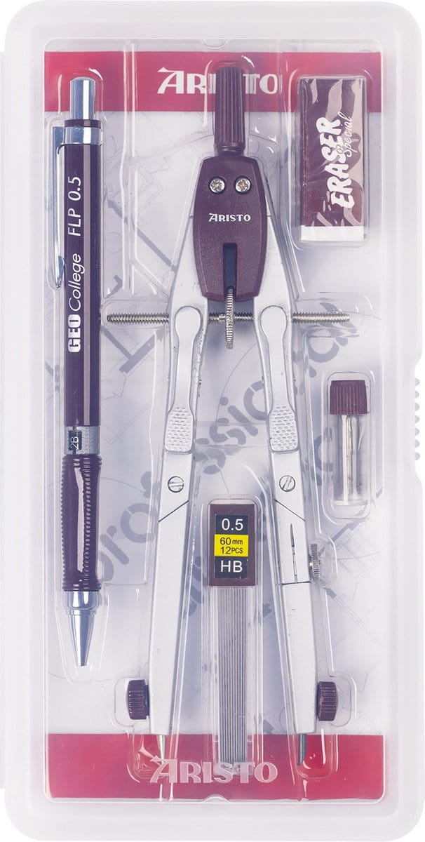 Aristo schoolset - GEOCollege - set 5-delig - in plastic etui - wijnrood/zilver - AR-80064