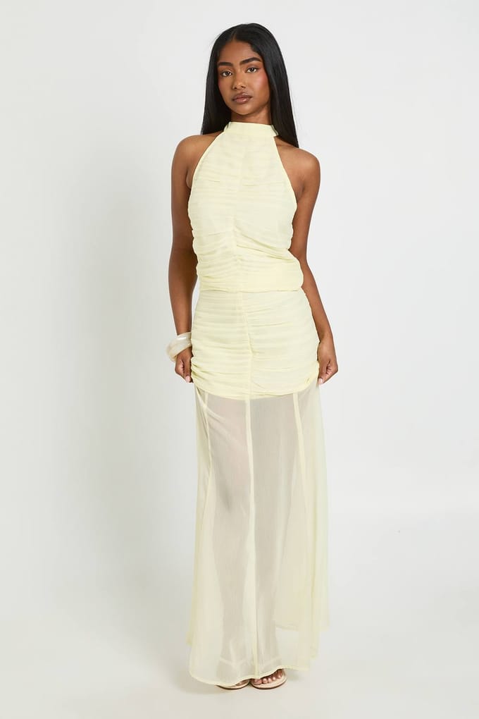 boohoo Dames Chiffon Geplooid Haltertop En Maxi Rok Co-ord | Lemon | Maat: 12