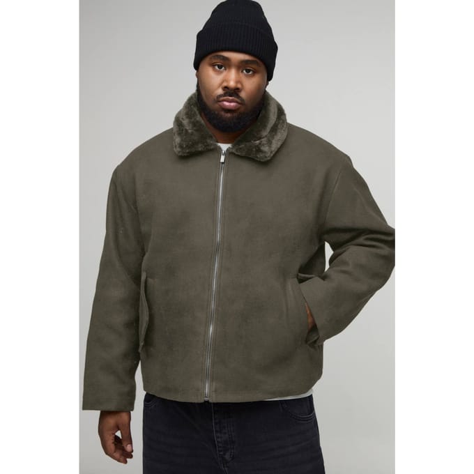 Plus Faux Fur Collar Regular Fit Bomber Jacket | Khaki | Size 2XL