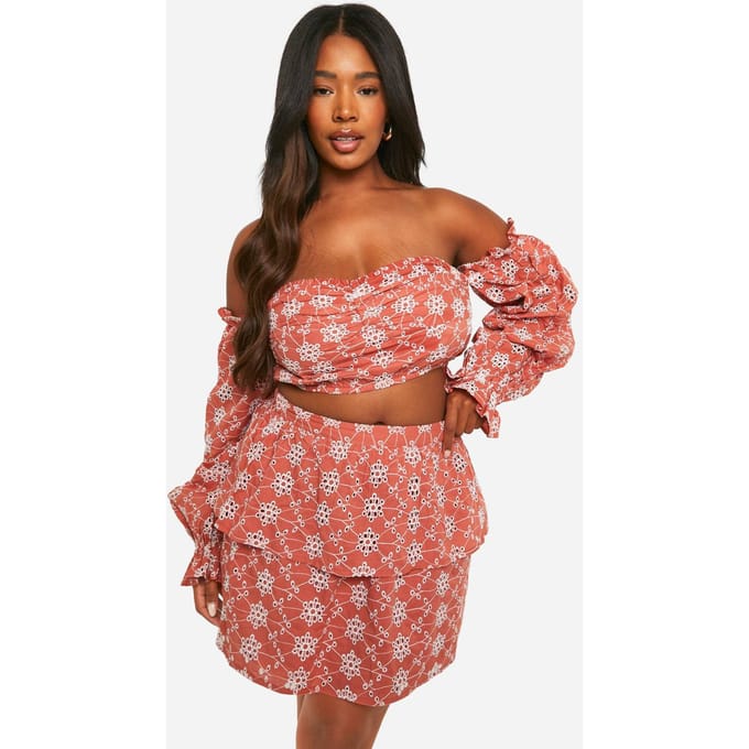 boohoo Dames Plus Broderie gelaagde rucherok | Rust | Maat: 16