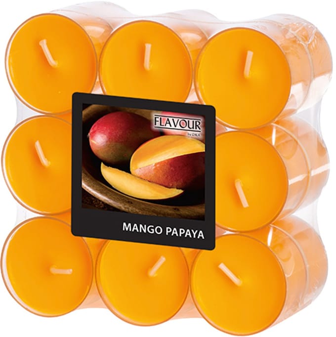 6x 18 GALA Geurkaars Ø 38 mm · 24 mm perzik - Mango-Papaya in behuizing van polycarbonaat