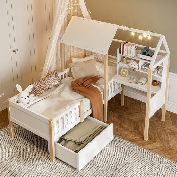Kinderbed - 90 x 200 cm - Met Rausfallschutz en Bureau - Laden op Wielen - Massief Hout - Wit