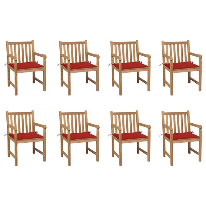vidaXL - Tuinstoelen - 8 - st - met - rode - kussens - massief - teakhout
