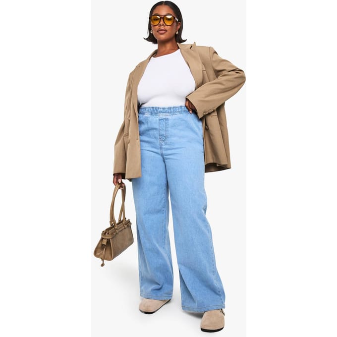 boohoo Dames Plus Elastische Taille Wijde Pijpen Jeans | Light Blue | Maat: 28