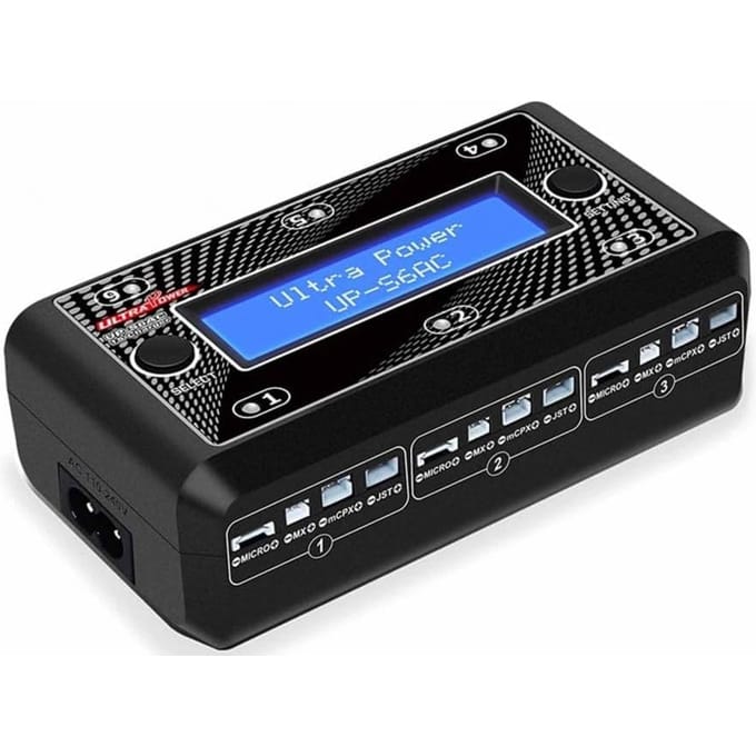 UP-S6AC 6-Poorts 1S LiPo/LiHV Batterijlader – AC/DC Multi-Laad Hub voor Drones en RC Modellen zwart