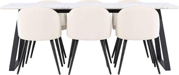 Malaga eethoek eetkamertafel 90x200cm wit en 6 Skagen stoel fluweel beige.