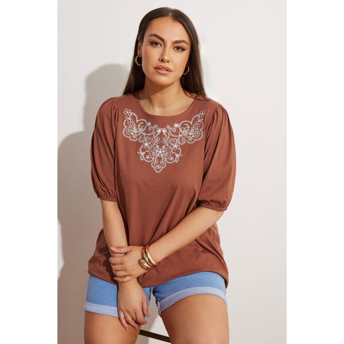 Yours Top Met Bloemenborduursel In Bruin Size 46