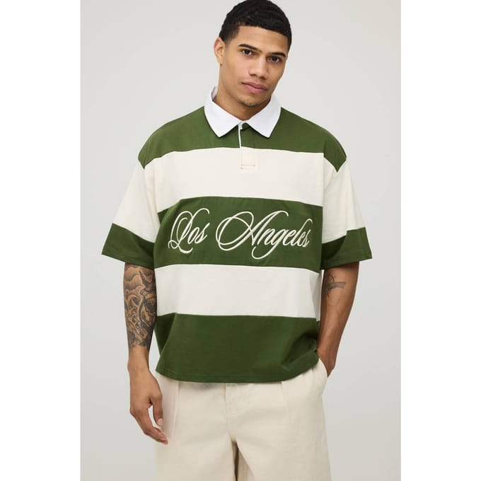Los Angeles Gestreepte Rugby Polo Met Korte Mouwen | Olive | Size Medium