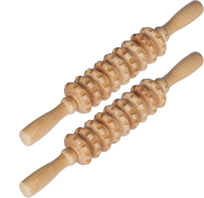 2x massageroller hout - massage apparaat - voor nek en benen - 2 handgrepen