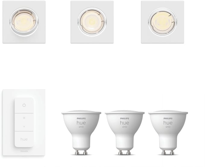 Philips Hue Peridot Set van 3 Inbouwspots (Wit) - Vierkant - Richtbaar - GU10 - Warmwit Licht - Incl. Hue Dimmer Switch - Hue White