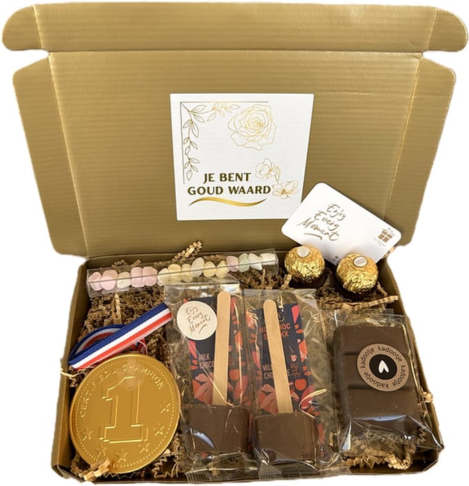 Goud waard choco brievenbus cadeau - chocolade - chocoladestick - marshmallows - ferrero rocher - valentijn