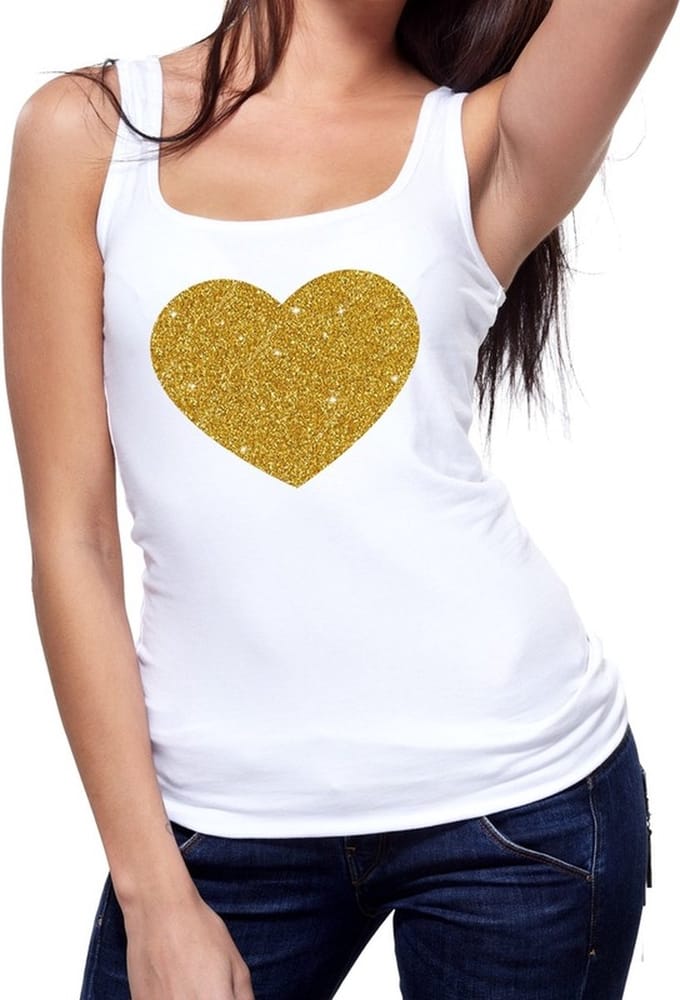 Bellatio Decorations Gouden hartje glitters - tanktop / mouwloos t-shirt - wit - voor dames M