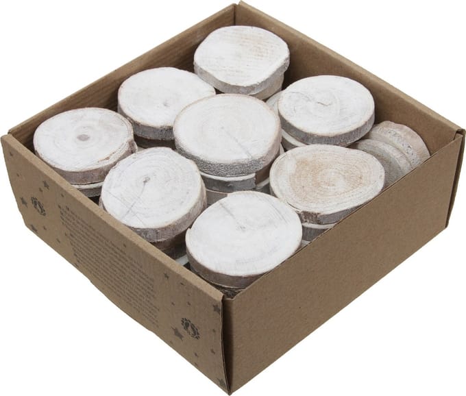 Othmar Decorations Decoratie boomschijfjes - 60x - 5-7 cm - hout - wit - rond - boomschors