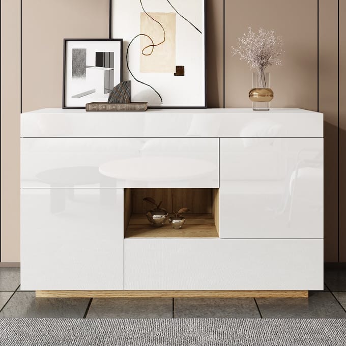 Pugsdrly Dressoir, glanzend dressoir, vitrine, met kleurveranderende ledverlichting, met lades
