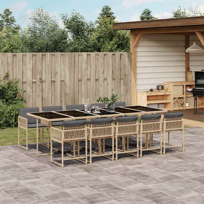 vidaXL - 11-delige - Tuinset - met - kussens - poly - rattan - gemengd - beige