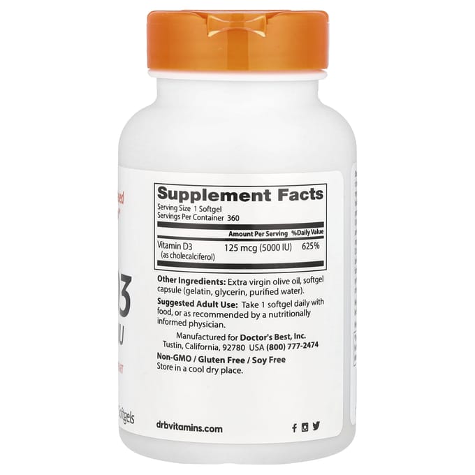 Doctor's Best, vitamine D3, 125 mcg (5 000 UI), 360 gélules