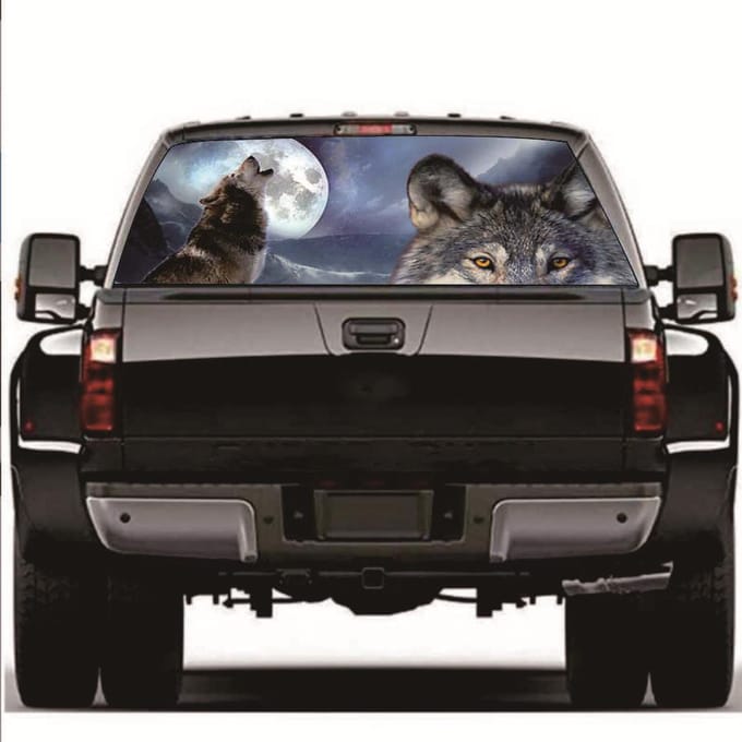 Geperforeerde raamsticker Wolf Moon Truck Achterruitsticker 147x46CM gray