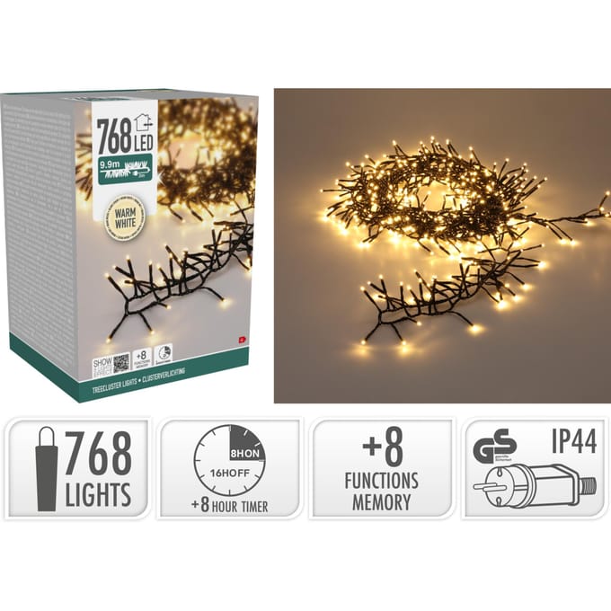 Treecluster Kerstboomverlichting - 768 LED Warm Wit - 990 cm - Timer - 8 Lichtstanden - Binnen Buiten