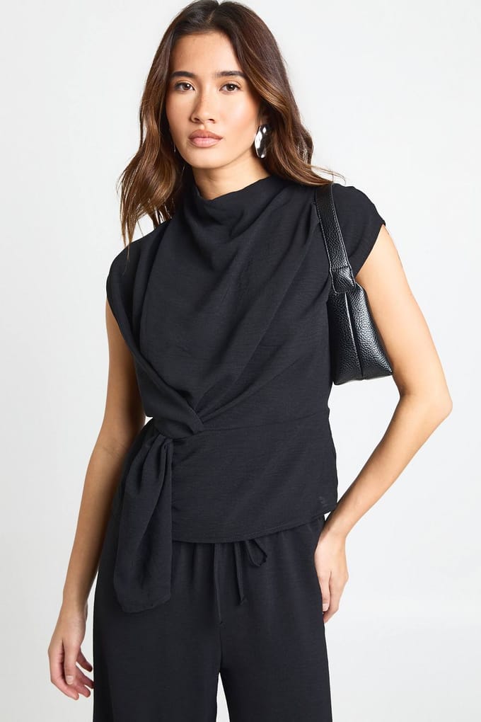 boohoo Dames Petite geweven draperende blouse & broek co-ord | Black | Maat: 6